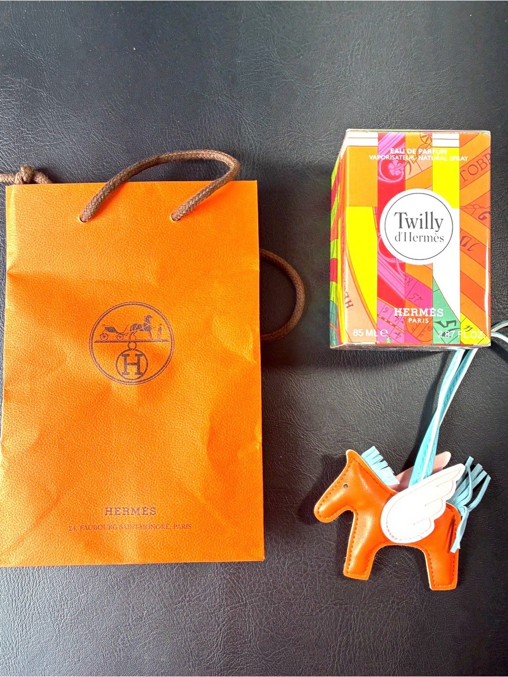 Hermes Orange Paper Bag with Multicolor Twilly Box and Orange Winged Horse Charm